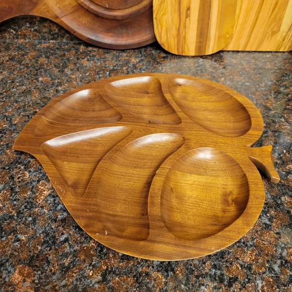 Vintage Solid Walnut Wood Divided Leaf 13.5" X 12" Tray Mid Century Modern MCM - Picture 1 of 7